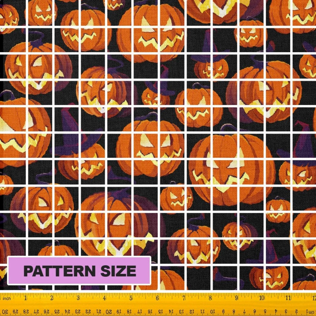 Halloween Smiling Pumpkin Jack o Lantern with Witches Hats on Black 100% Cotton Fabric