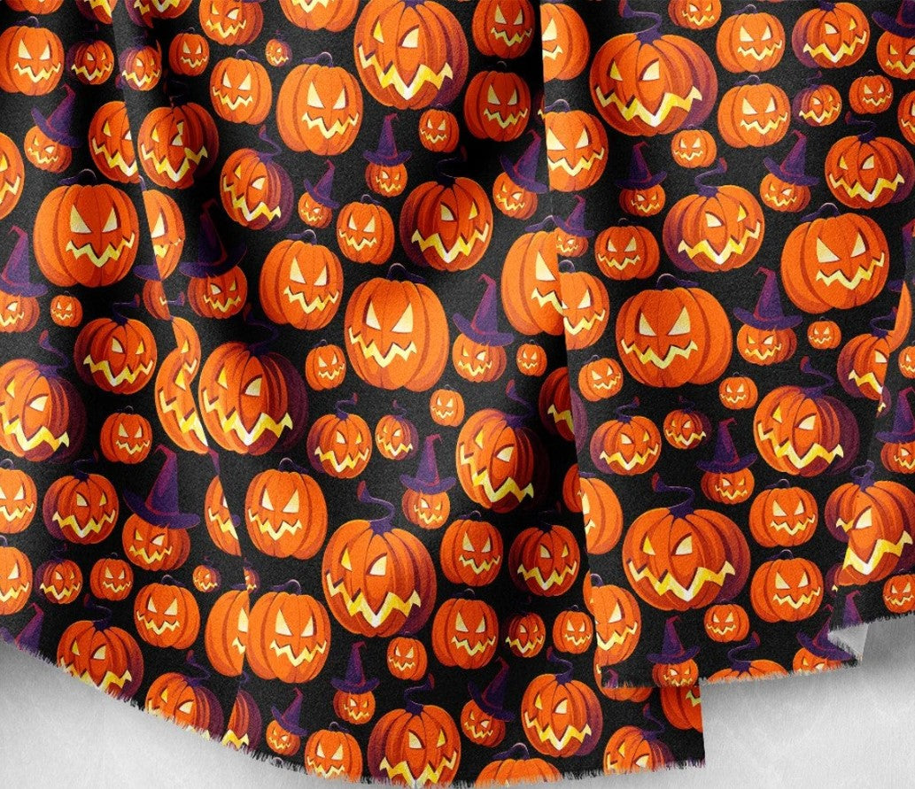 Halloween Smiling Pumpkin Jack o Lantern with Witches Hats on Black 100% Cotton Fabric