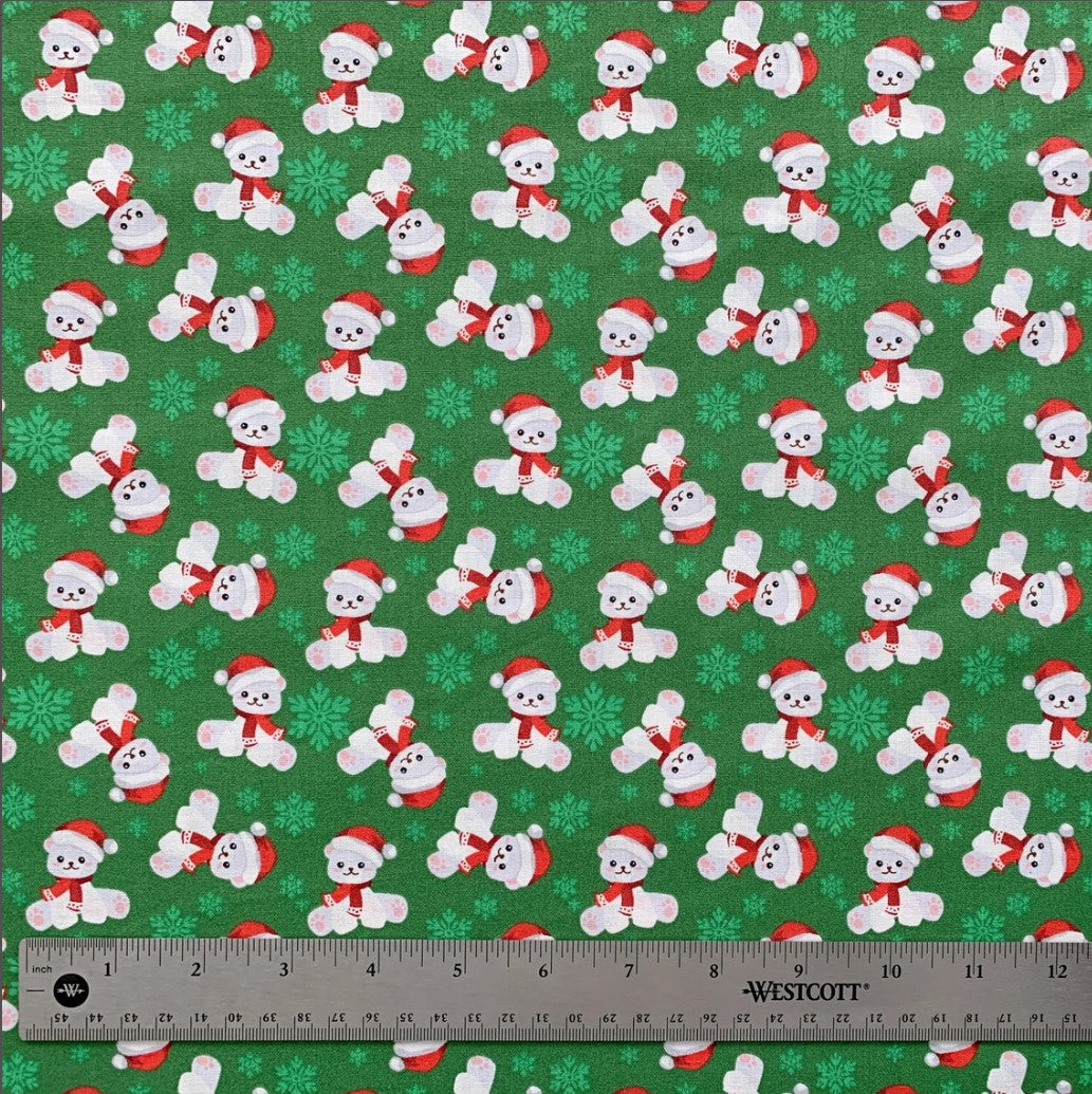 Christmas Teddy Bears and Snowflakes on Green 100% Cotton Fabric