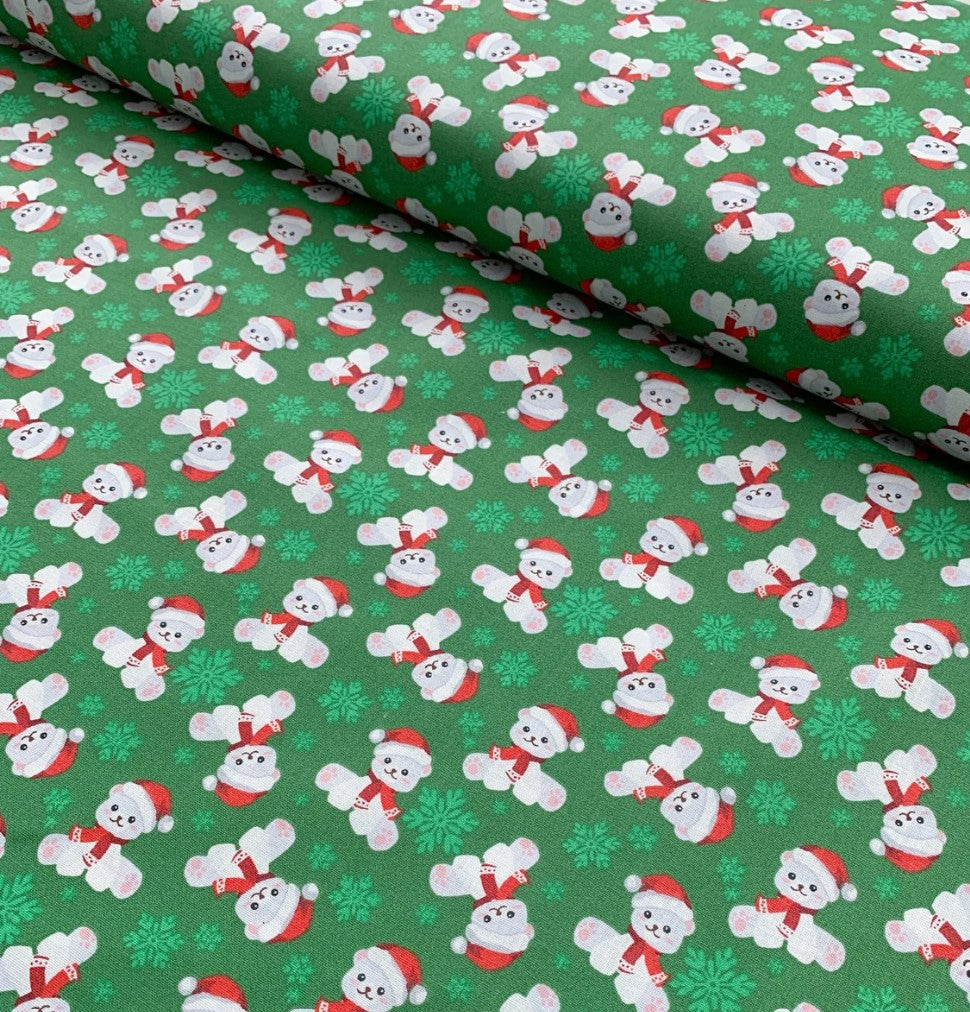 Christmas Teddy Bears and Snowflakes on Green 100% Cotton Fabric