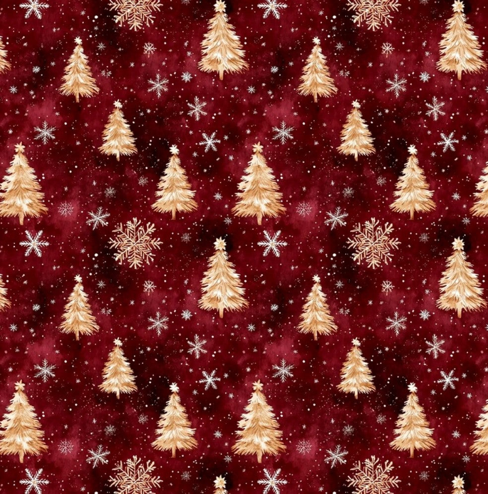 Christmas Gold Trees and Snowflakes on Red 100% Cotton Price per Yard