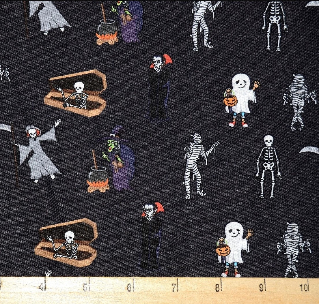 Halloween Spooky Monsters Creatures on Black 100% Cotton Fabric