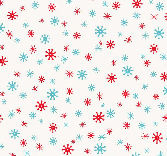 Christmas Red Teal Snowflake Blender on Cream 100% Cotton Fabric