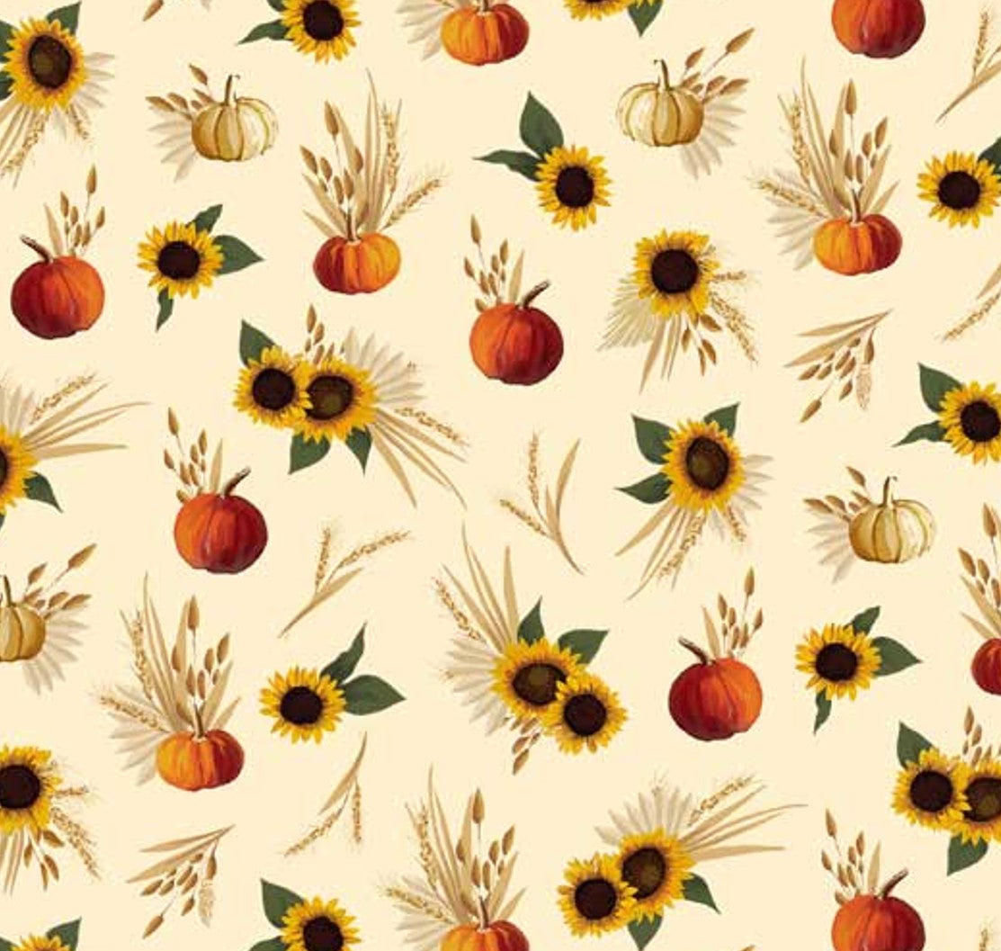 Thanksgiving Harvest Minis Sunflowers and Pumpkins on Cream 100% Cotton