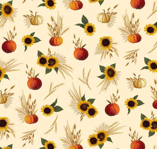 Thanksgiving Harvest Minis Sunflowers and Pumpkins on Cream 100% Cotton
