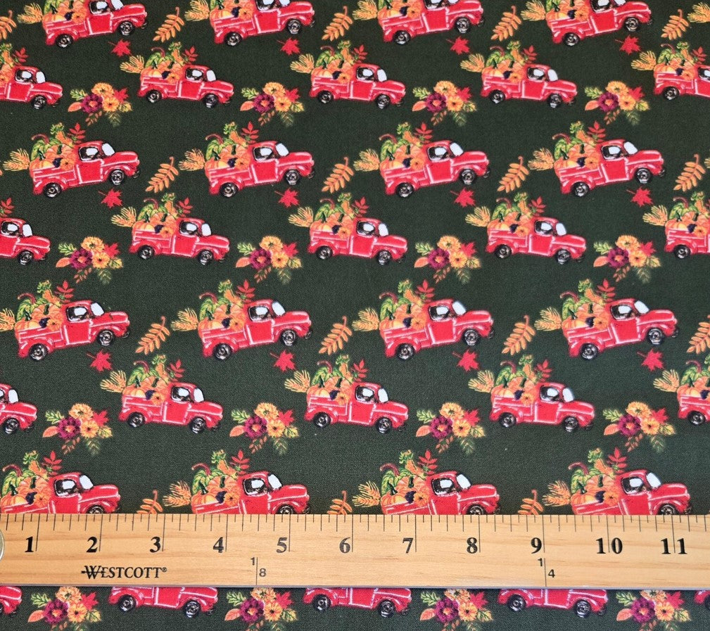 Thanksgiving Red Truck with Harvest Haul on Green 100% Cotton Fabric Price per Yard