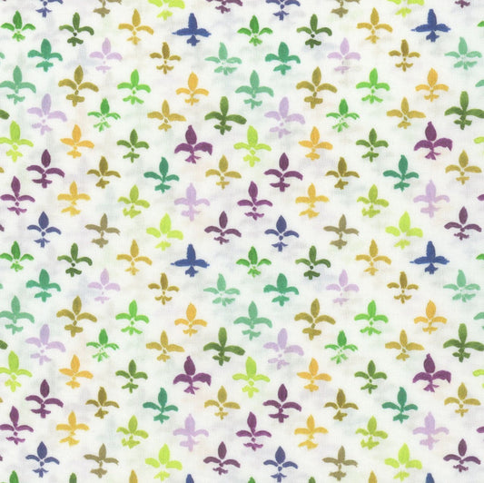 Mardi Gras Fleur De Lis on White 100% Cotton Sold by the Yard Novelty