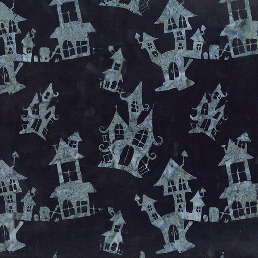 Halloween Batik Gray Haunted Houses on Black Tonga
