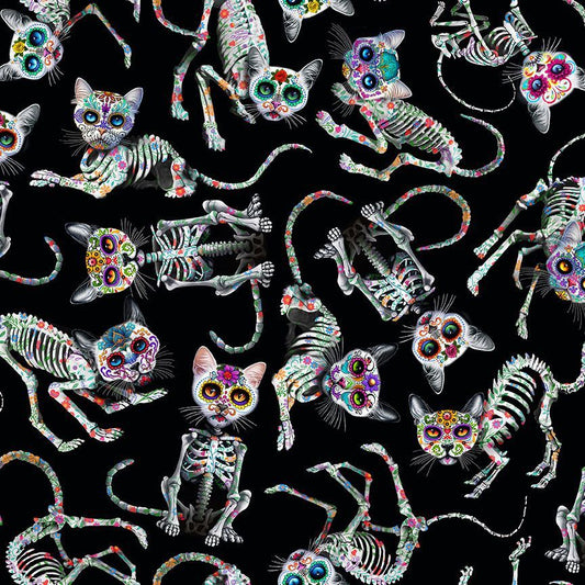 Halloween Day of the Dead Tossed Skeleton Cats on Black