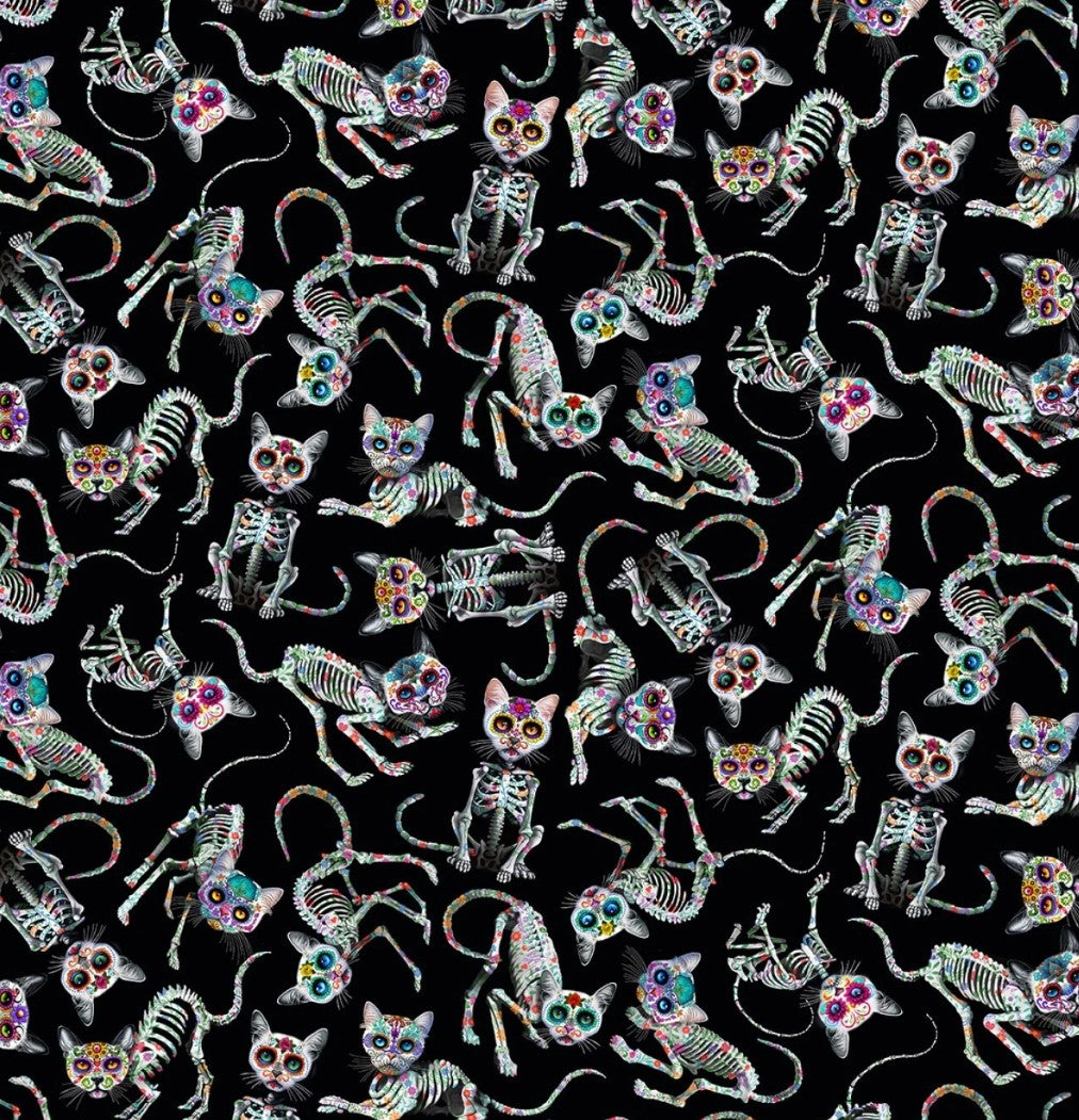 Halloween Day of the Dead Tossed Skeleton Cats Black