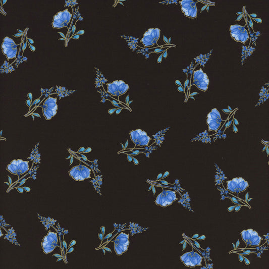 45 x 36 Timeless Treasures Fabrics Tossed Blue Metallic Small Florals on Black 100% Cotton