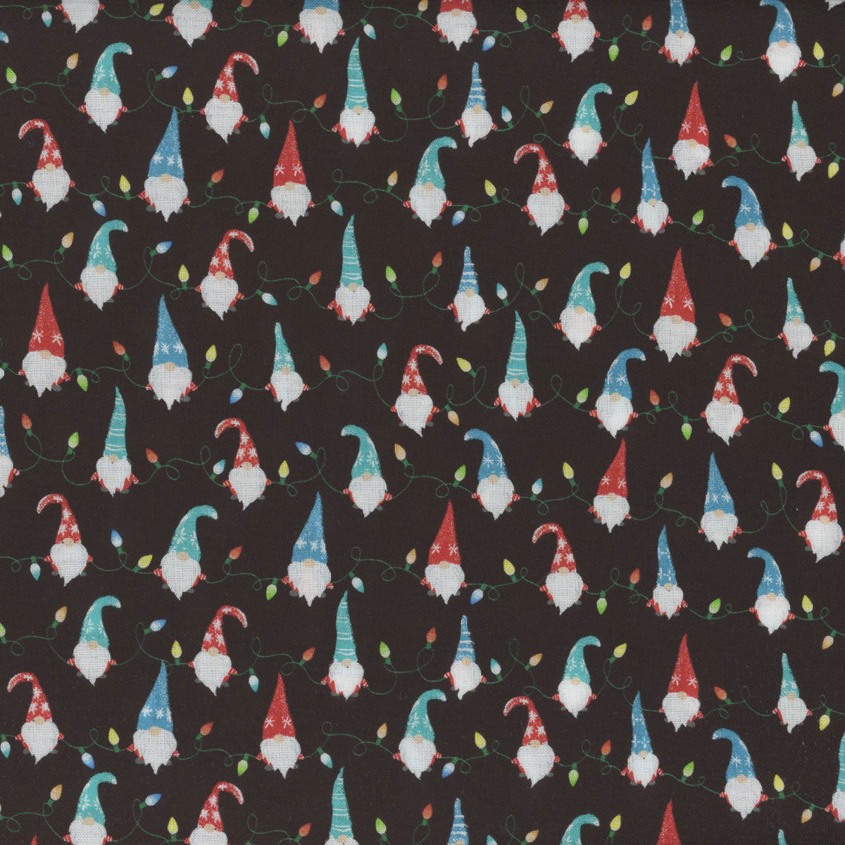 44 x 36 Timeless Treasures Mini Gnome String Lights Black Digital 100% Cotton Fabric Christmas