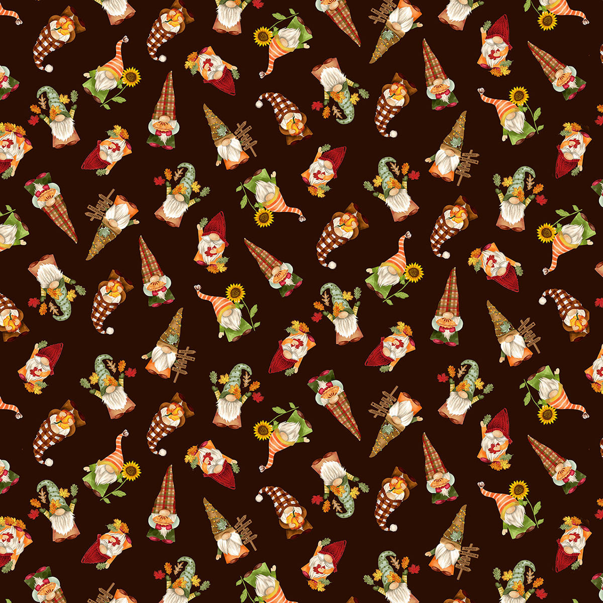 44 x 36 Timeless Treasures Autumn Gnomes on Dark Brown 100% Cotton Fabric
