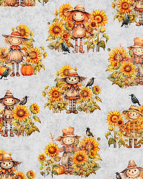 QT Cuties Thanksgiving Scarecrows on Gray 100% Cotton Price per Yard