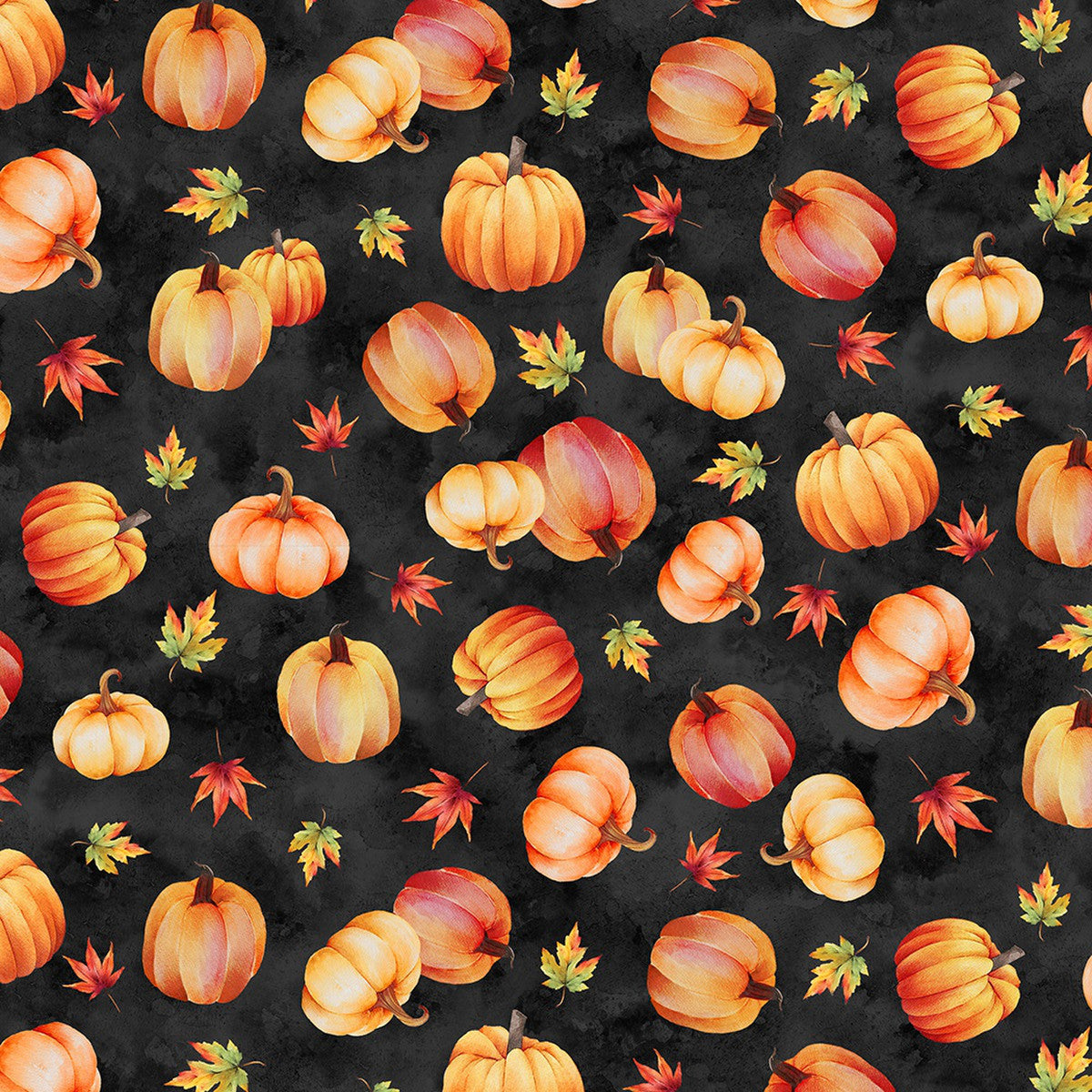 44 x 36 Wilmington Prints Tossed Pumpkins on Black Thanksgiving 100% Cotton Fabric
