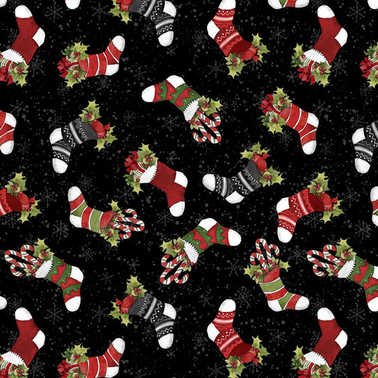 44 x 36  Baby It's Gnomes Out Tossed Stockings Black Wilmington Prints 100% Cotton Christmas