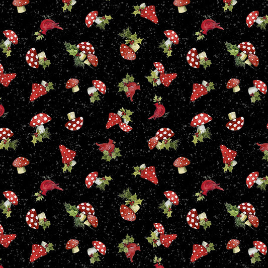 44 x 36  Baby It's Gnomes Out Tossed Mushrooms Black Wilmington Prints 100% Cotton Christmas