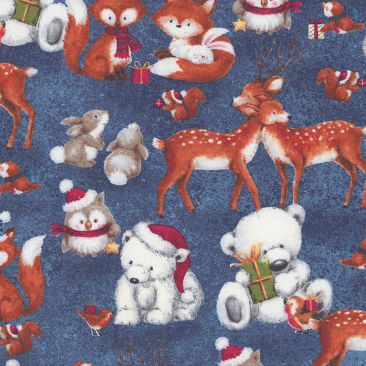 44 x 36 Critter Couples Woodland Gifts Blue Wilmington Prints 100% Cotton Christmas