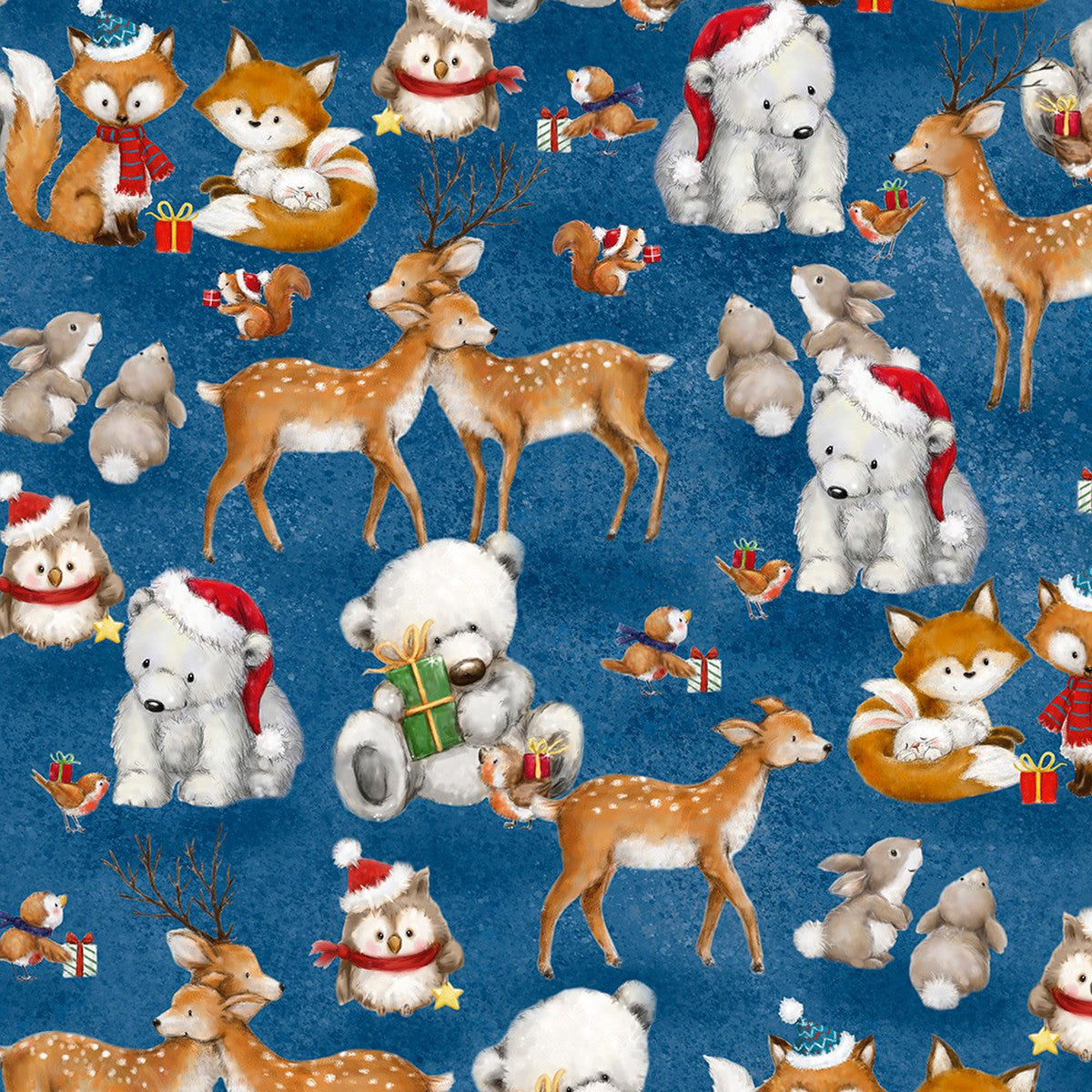 44 x 36 Critter Couples Woodland Gifts Blue Wilmington Prints 100% Cotton Christmas