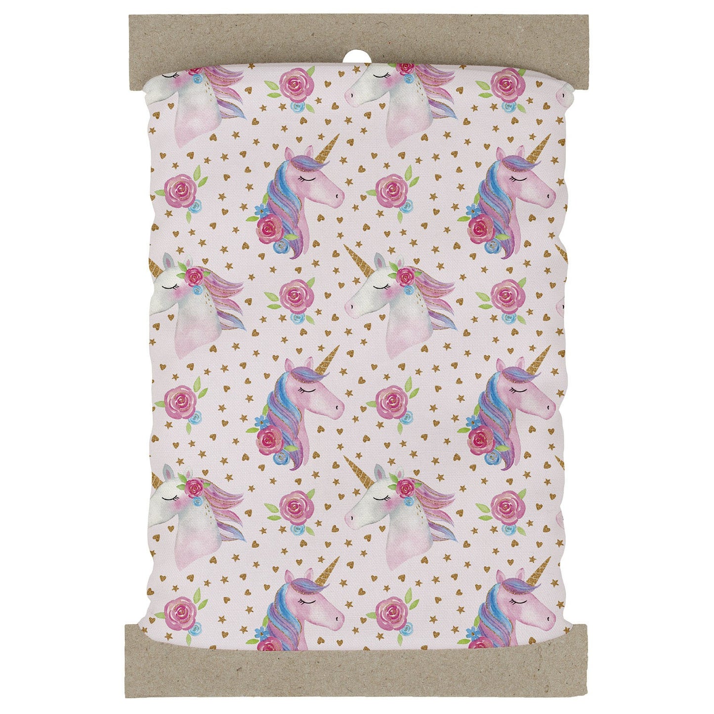 Unicorn and flower patterned fabric on a white background