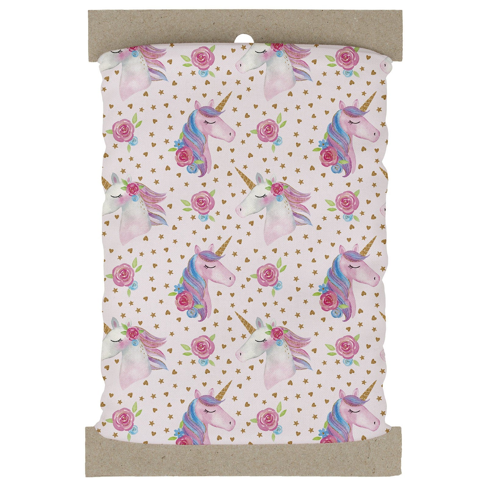 Unicorn and flower patterned fabric on a white background