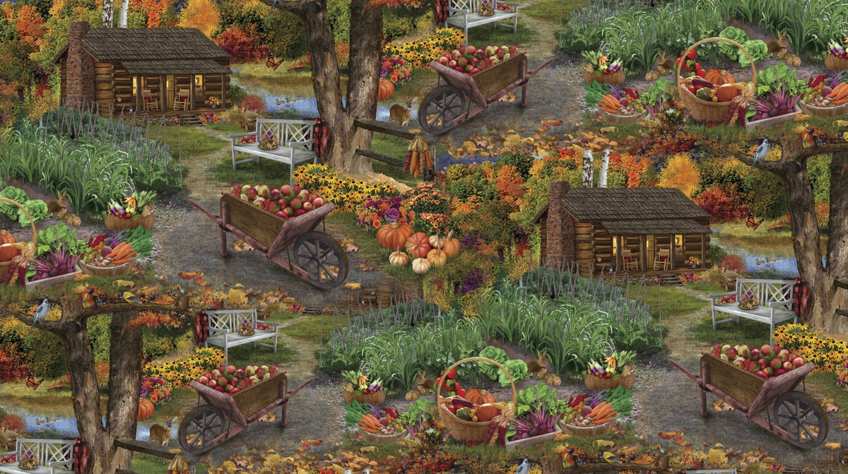 Thanksgiving at the Cabin Apple Carts Pumpkins 100% Cotton Price per Yard