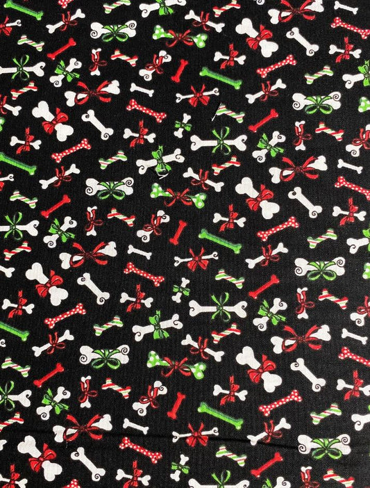 44 x 36 Christmas Dog Puppies Bones and Bows on Black Fabric Traditions 100% Cotton