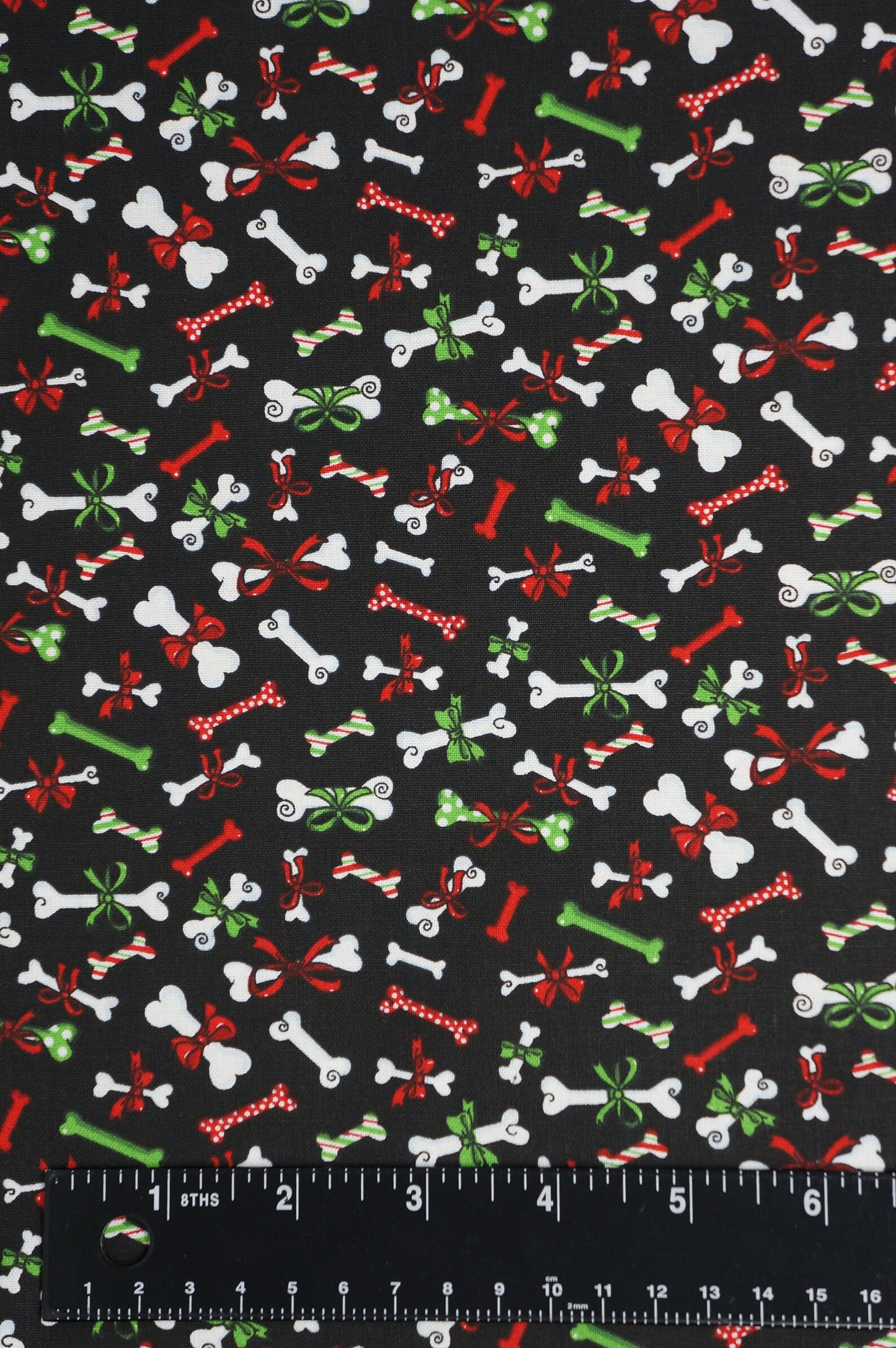 44 x 36 Christmas Dog Puppies Bones and Bows on Black Fabric Traditions 100% Cotton