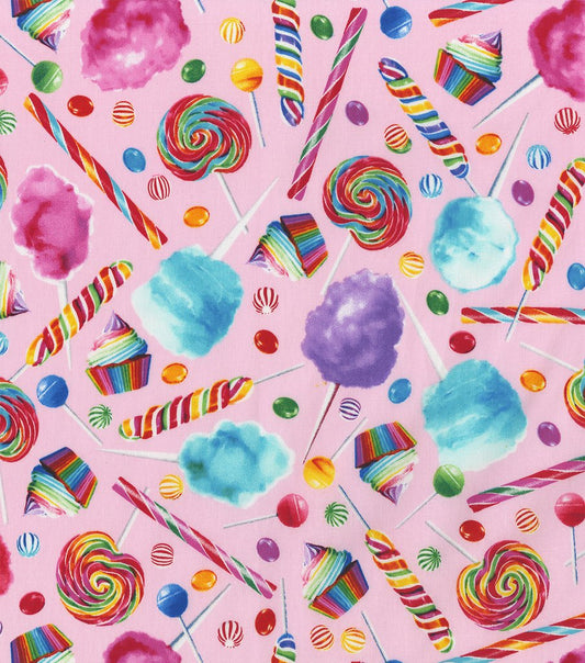 Hi-Fashion Candy Suckers Cupcakes Party on Pink 100% Cotton Fabric Price per Yard