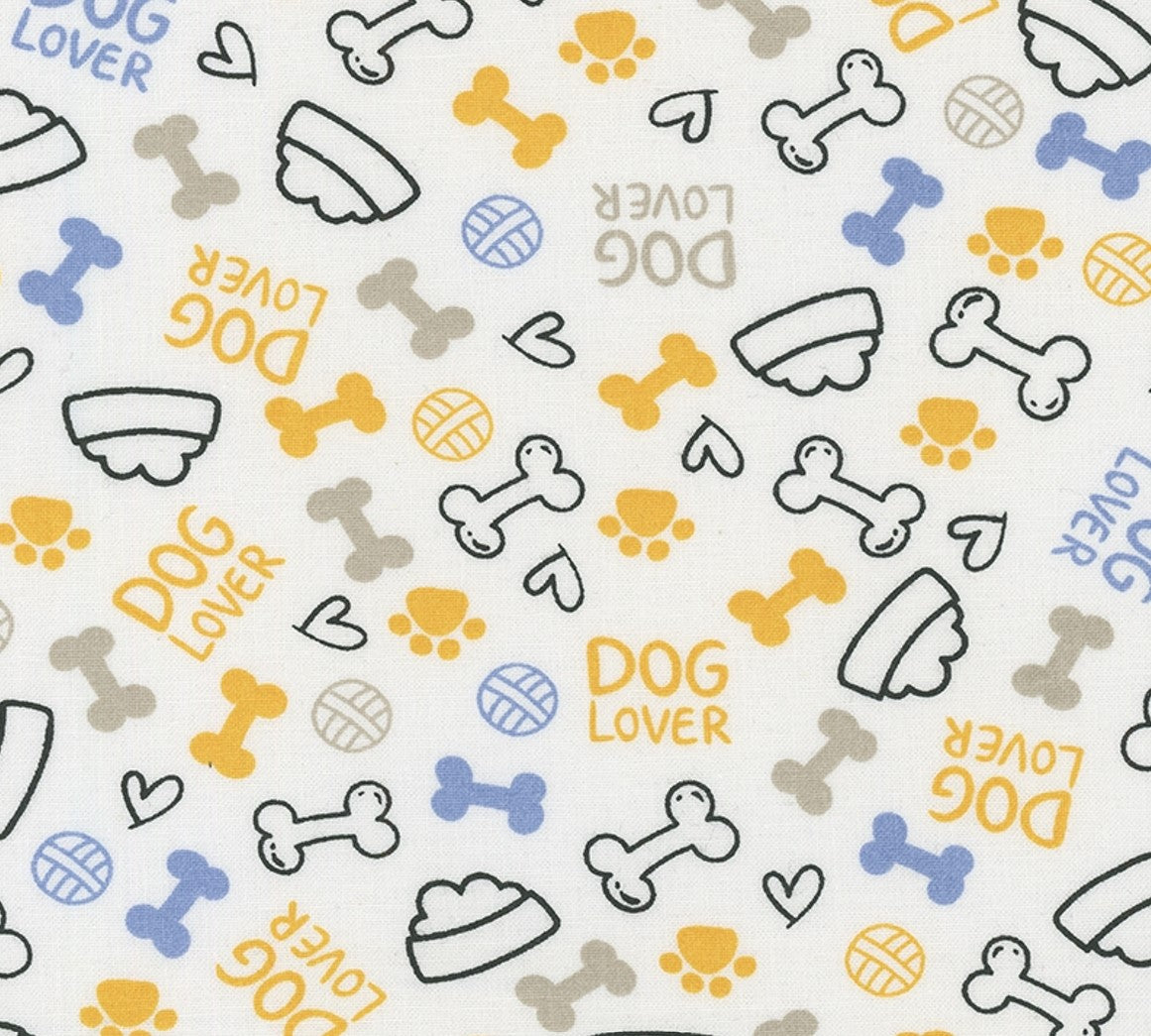 Dog Lover Dishes Hearts Paws and Bones Camel 100% Cotton Fabric