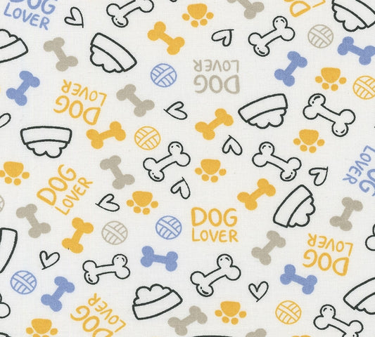 Dog Lover Dishes Hearts Paws and Bones Camel 100% Cotton Fabric