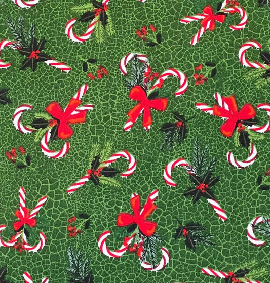 Christmas Candy Canes on Crackled Green 100% Cotton Price per Yard