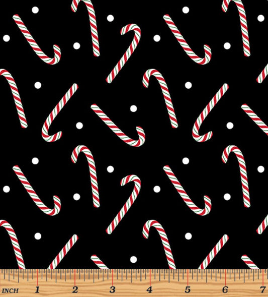 44 x 36 Candy Canes on Black Keeping Cozy Christmas Benartex Black 100% Cotton