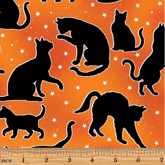 44 x 36 Glow in the Dark Large Cats on Orange Halloween Benartex 100% Cotton Fabric