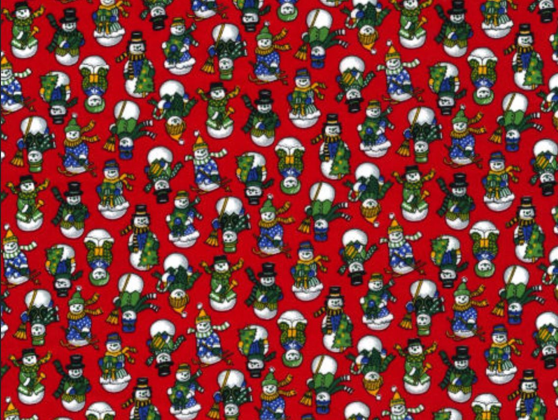 45 x 36 Snowman Charms Minis on Red 100% Cotton Fabric Christmas