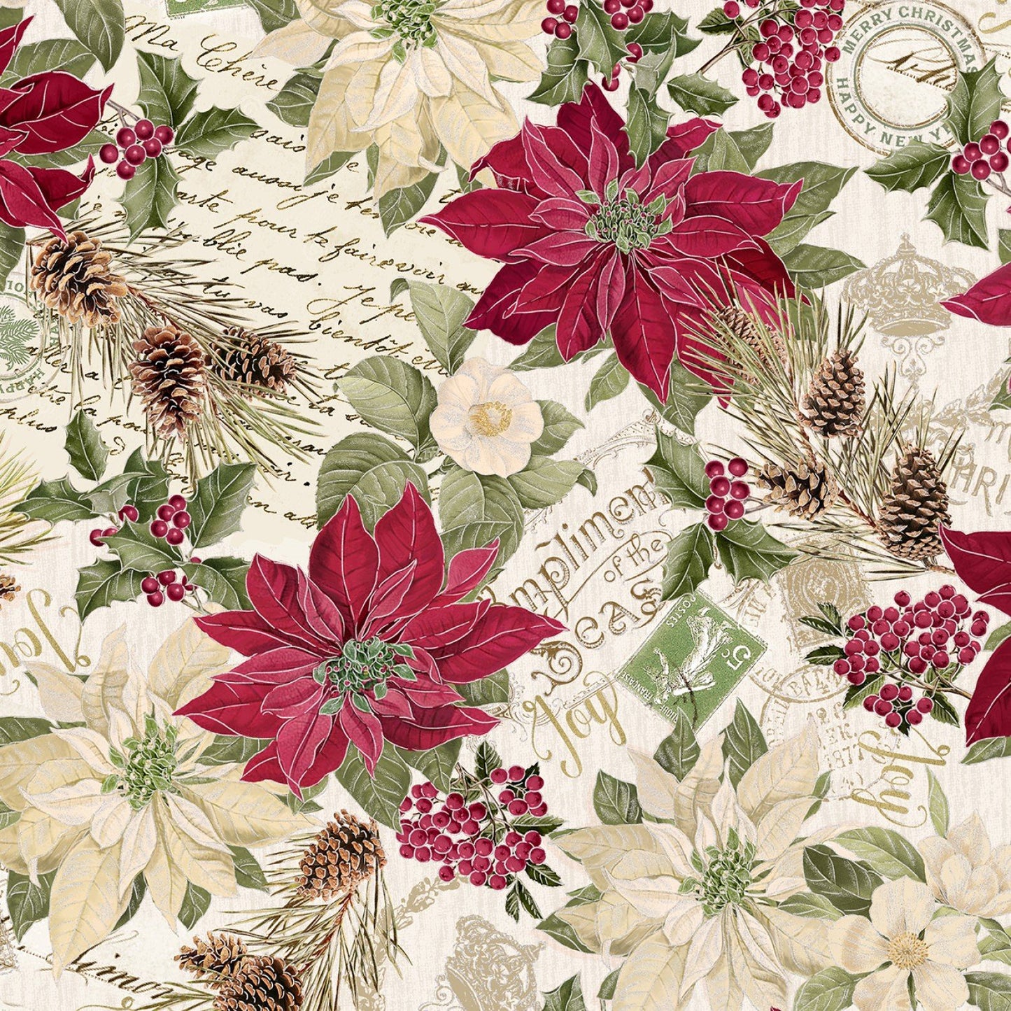 Timeless Treasures Cream Merry Poinsettia Metallic Christmas