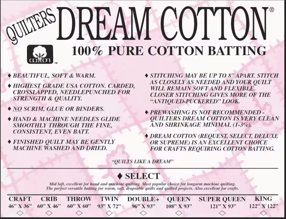 Double Size 96 x 93 100% Cotton White Quilters Dream Select Batting Mid Loft