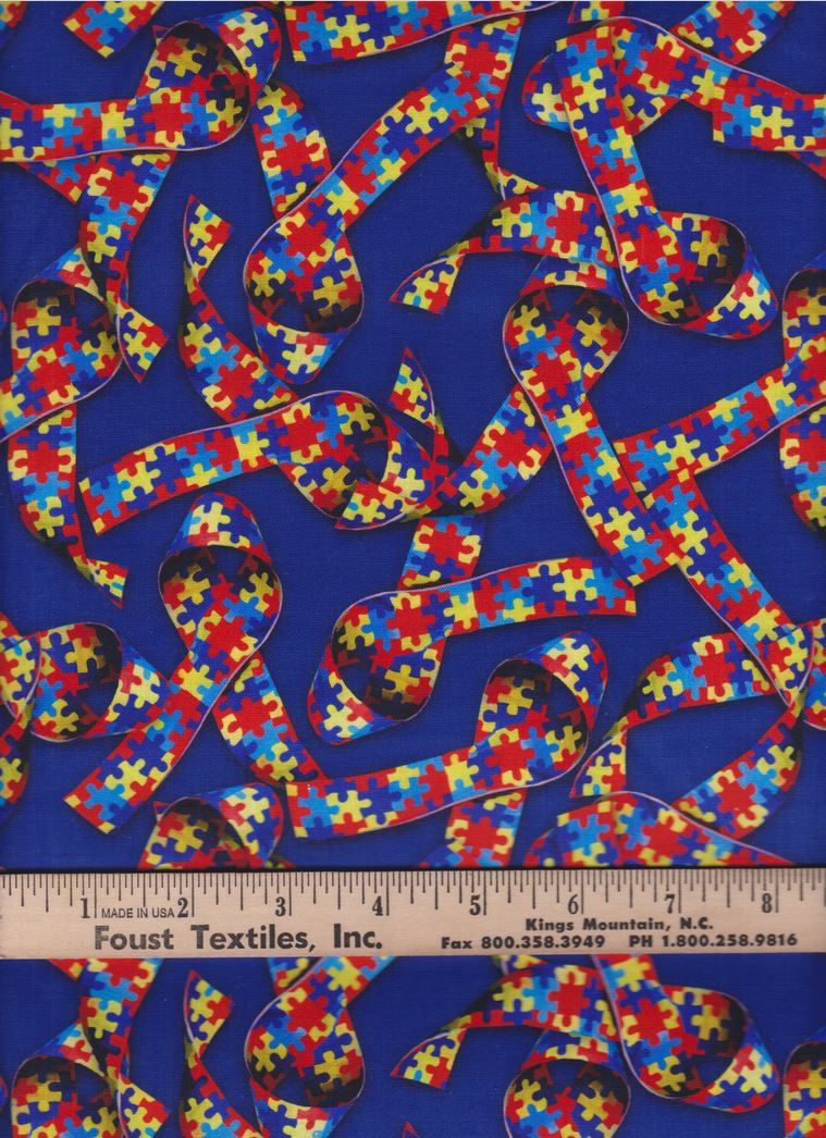 45 x 36 Autism Awareness Puzzle Ribbons on Blue Digitally Printed 100% Cotton