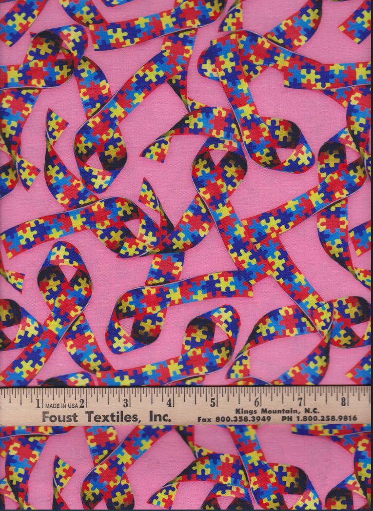 45 x 36 Autism Awareness Puzzle Ribbons on Pink Digitally Printed 100% Cotton