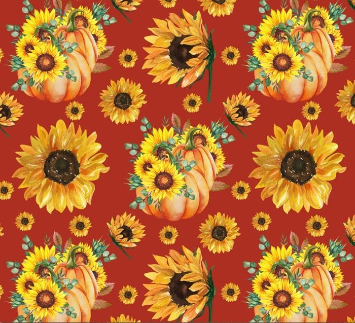 Thanksgiving Sunflower Bouguets and Pumpkins on Burgundy 100% Cotton Price per Yard
