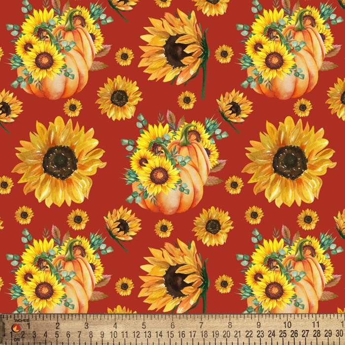 Thanksgiving Sunflower Bouguets and Pumpkins on Burgundy 100% Cotton Price per Yard