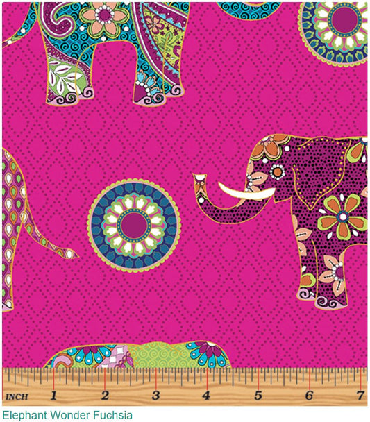 44 x 36 Elephants on Fuscia Metallic Benartex 100% Cotton All Over Print