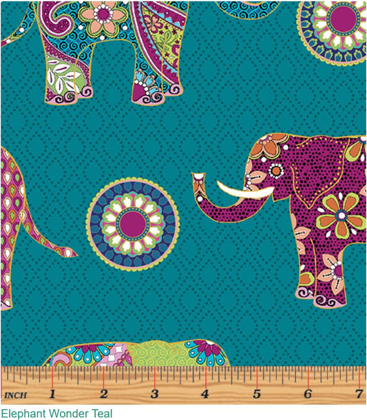 44 x 36 Elephants on Teal Metallic Benartex 100% Cotton All Over Print