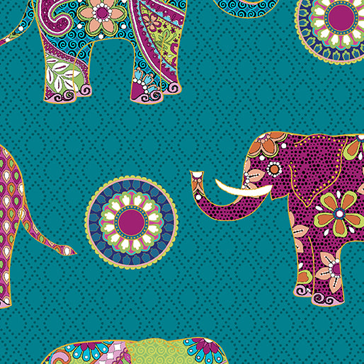 44 x 36 Elephants on Teal Metallic Benartex 100% Cotton All Over Print