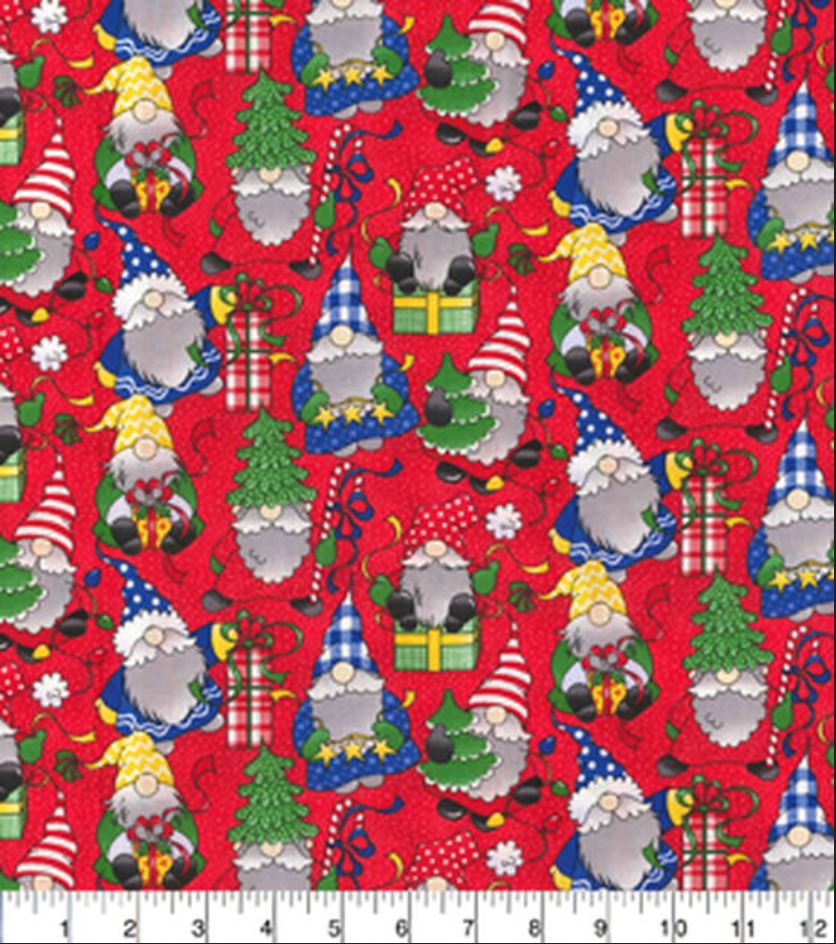 44 x 36 Christmas Holiday Cheer Gnomes on Red 100% Cotton Fabric