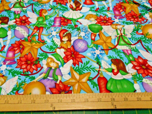 45 x 36 Christmas Fairies on Blue 100% Cotton Fabric