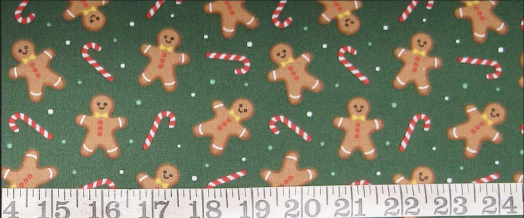 44 x 36 Christmas Gingerbread Dance Candy Canes on Green 100% Cotton Fabric By the Yard