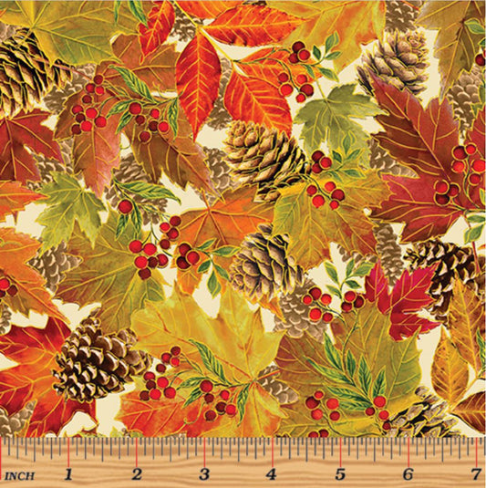 44 x 36 Harvest Leaves on Cream Fall Metallic Thanksgiving Benartex 100% Cotton Fabric