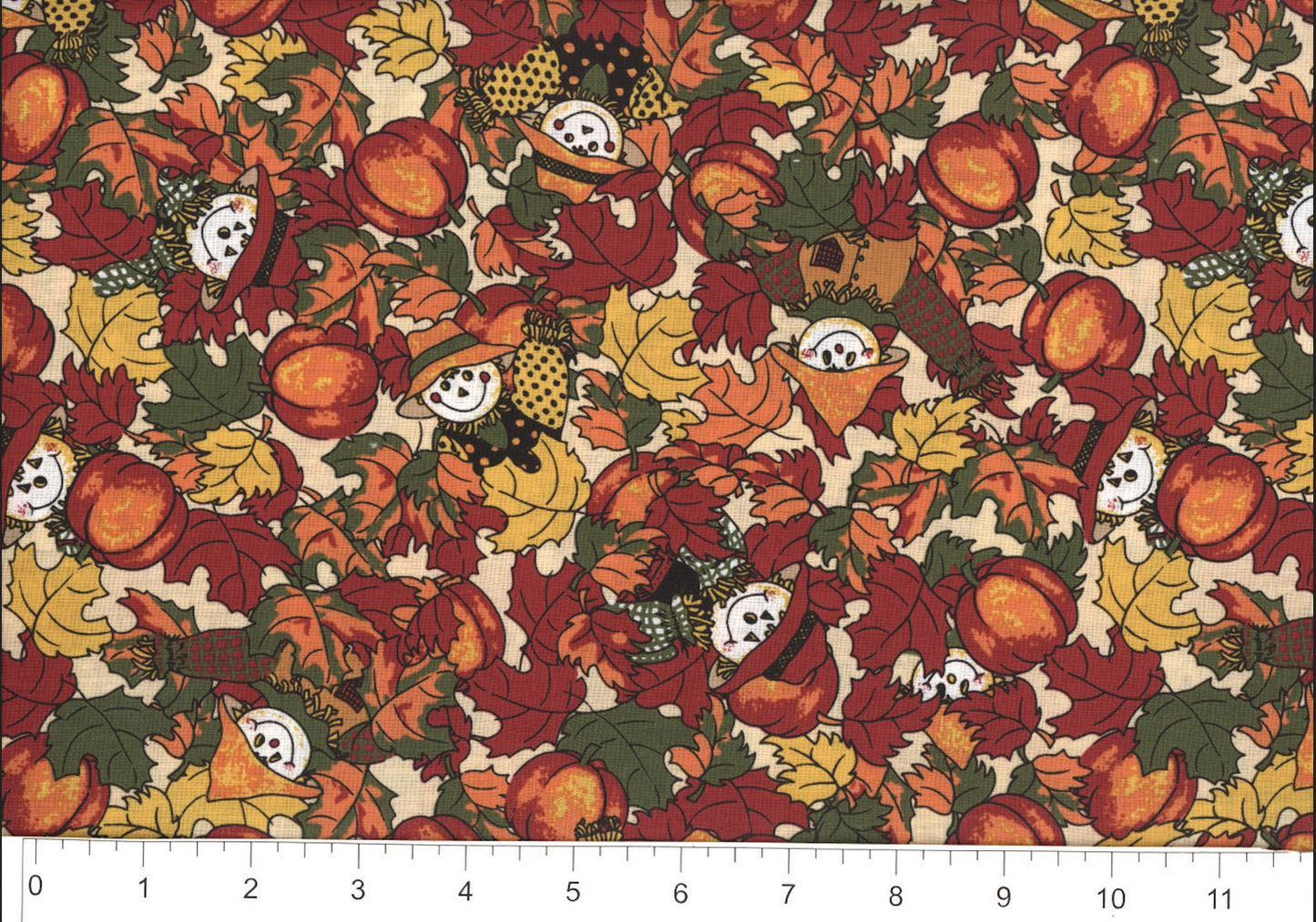 45 x 36 Fall Autumn Thanksgiving Pumpkins and Scarecrows on Cream 100% Cotton Fabric