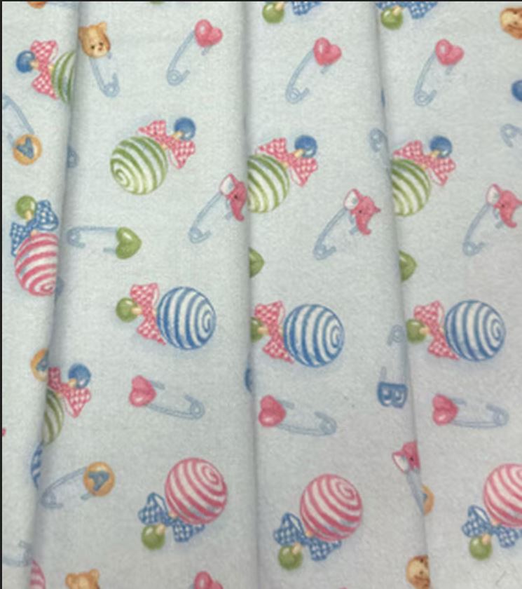 44 x 36 FLANNEL Baby Rattles and Pins on Light Blue 100% Cotton